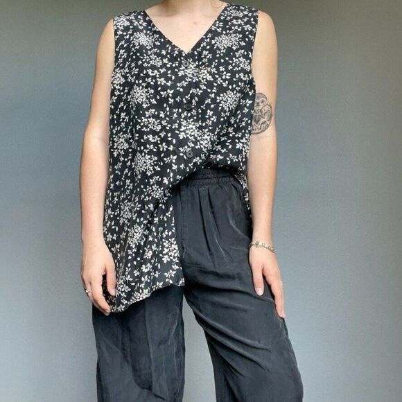 Vintage Diana D'or Dark Gray 100% Silk Sleeveless Floral Top and Trouser Set L - Picture 10 of 12